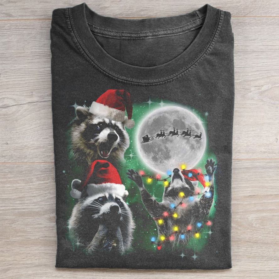 Three Raccoons With The Moon Christmas T-shirt