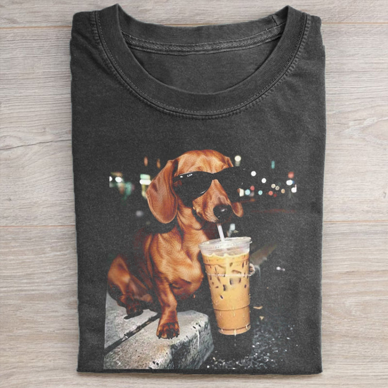Funny Dachshund Drinking Iced Coffee T-shirt