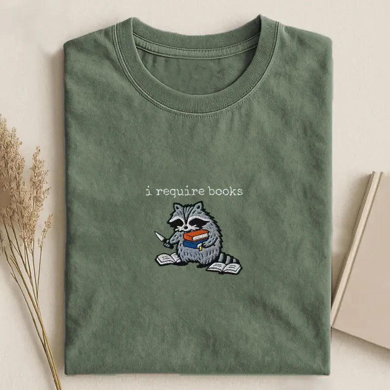 I Require Books Raccoon Embroidered T-shirt