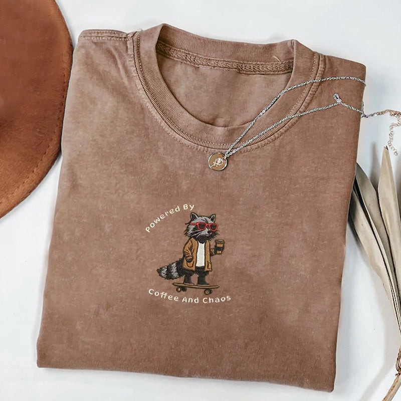 Powered By Coffee And Chaos Raccoon Embroidered T-shirt